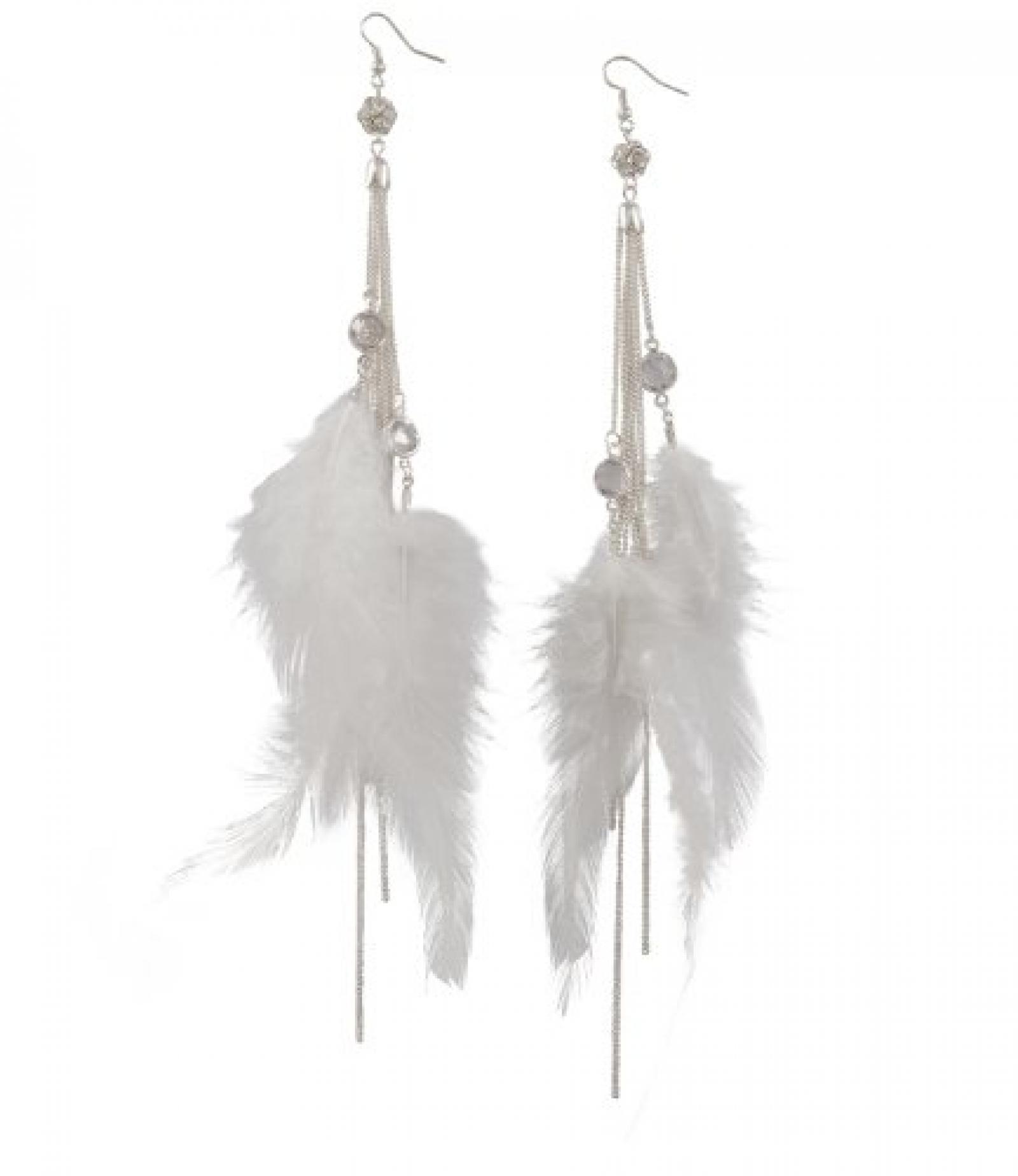 SIX "Bride" silberne Ohrh&auml;nger mit Ketten und wei&szlig;en Federn (353-832) 